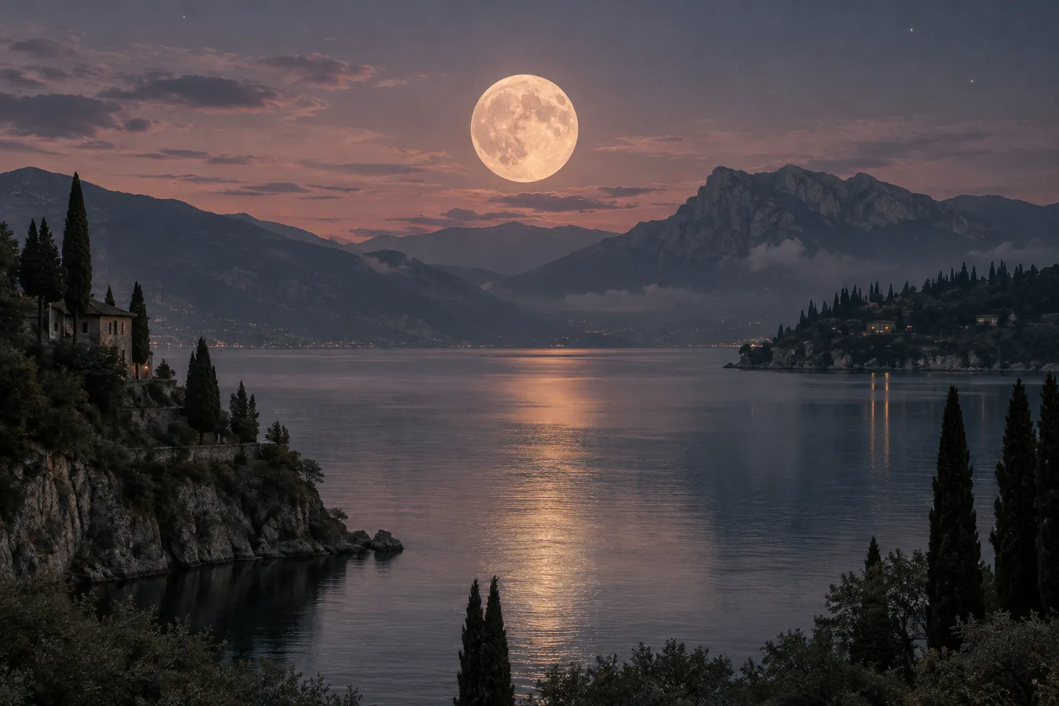 Paisaje imaginado de una luna sobre un lago al anochecer