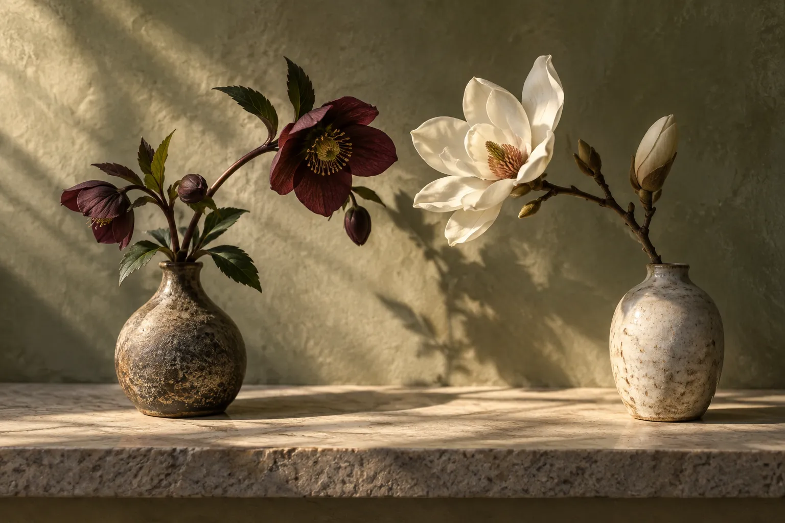 Dos flores diferentes en jarrones de cerámica, inclinadas una hacia la otra